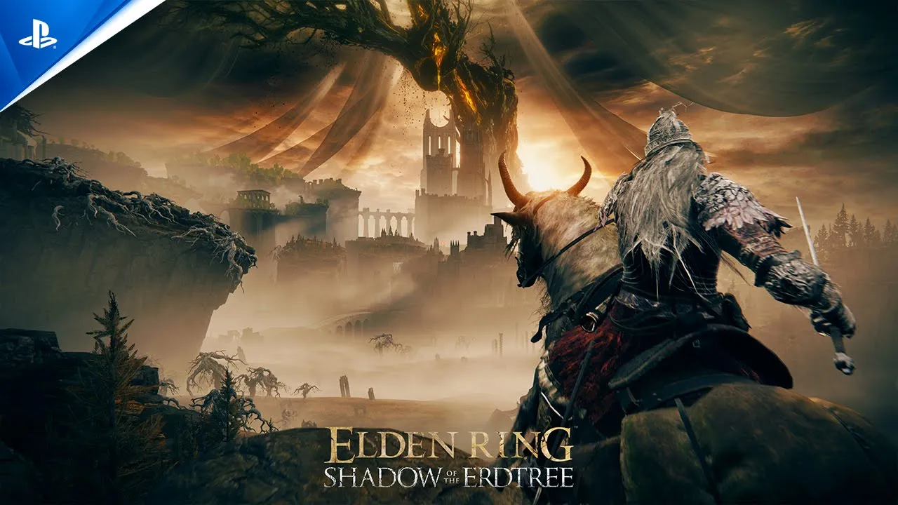 a warrior with long white hair, clad in armor and riding a monstrous steed, stands before a breathtaking yet ominous vista. a towering, decaying erdtree dominates the background, its golden glow illuminating the sky and casting long shadows across the land. a majestic castle, shrouded in an ethereal mist, stands proudly beneath the erdtree, hinting at the challenges and wonders that await within. the foreground depicts a desolate battlefield, strewn with the remnants of past conflicts. the overall atmosphere is one of epic scale and foreboding beauty, inviting players to embark on a perilous journey through this captivating world.