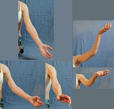 this image contains photos of a woman posing in a studio. the photos are cropped to only show the arms and hands. the background is blue and white.  each photo showcases a different hand position and arm bend.