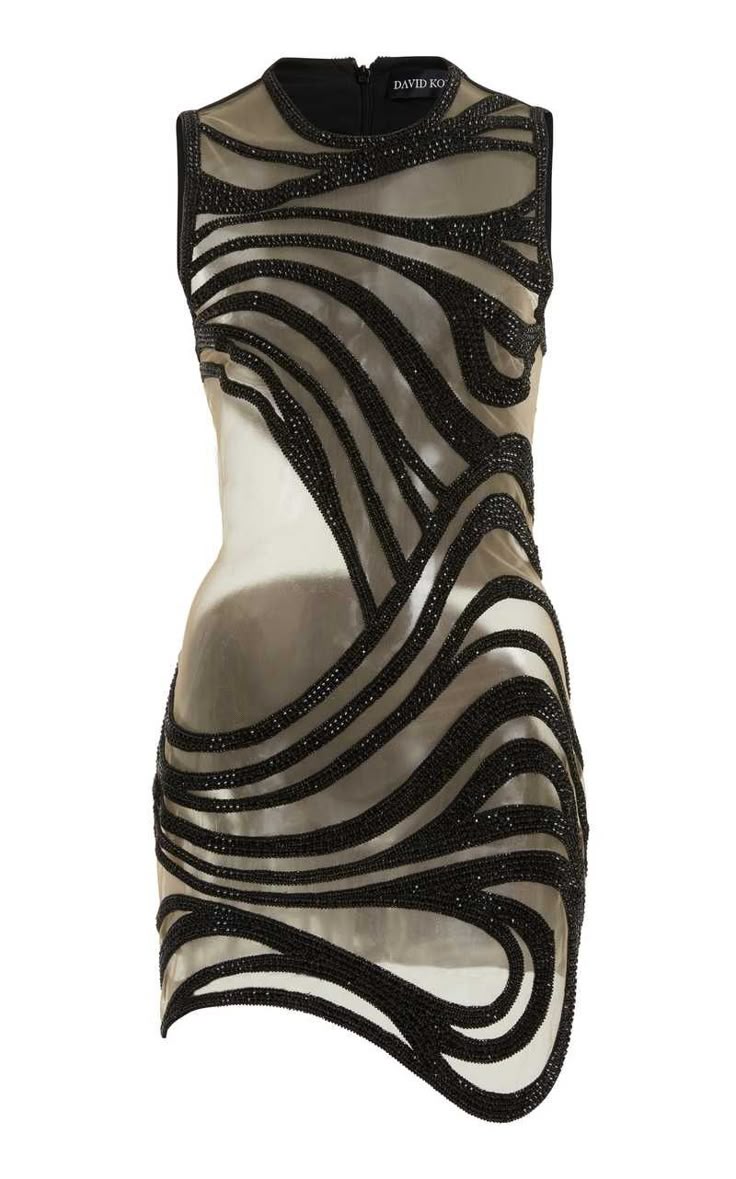 a sleeveless mini dress by david koma, featuring a neutral base color with an overlay of black beaded stripes in an abstract design.
