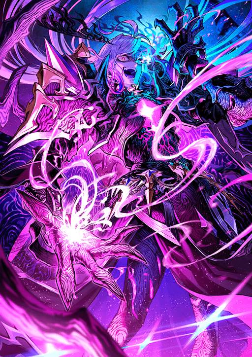an animestyle character casting magic. the character wears armor and wields a staff while emitting glowing energy, portraying a fantasy or magical theme, possibly indicating a villain or a powerful sorcerer/mage. the overall atmosphere is mystical and ethereal, suggesting a supernatural or otherworldly setting. the color palette is dominated by purple and blue.