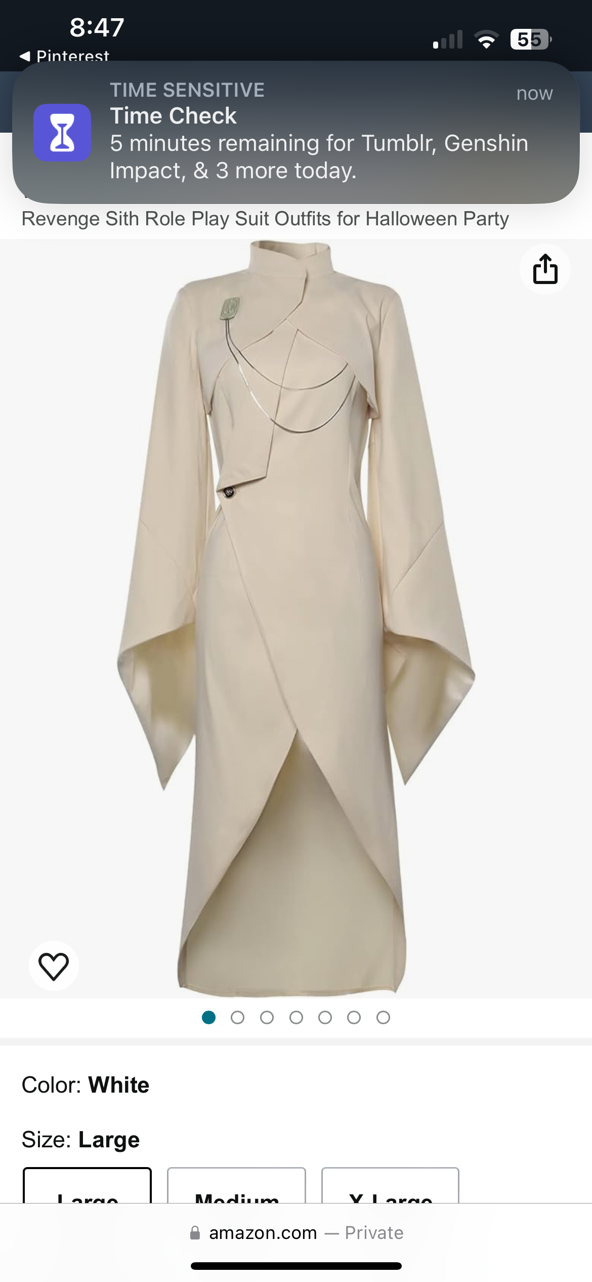 a white, longsleeved dress is displayed against a plain white background, likely in a studio setting. the dress, identified as a "revenge sith role play suit outfit" is photographed slightly from above. it has a distinctive high collar and decorative chain detailing on the bodice. the bottom portion of the dress features an asymmetrical wrap design and flowing fabric. the image suggests an online shopping context, with options to select size (large, medium) and color (white) visible below the dress. a notification banner at the top implies the image is a screenshot from the pinterest app and advertises a limitedtime offer.