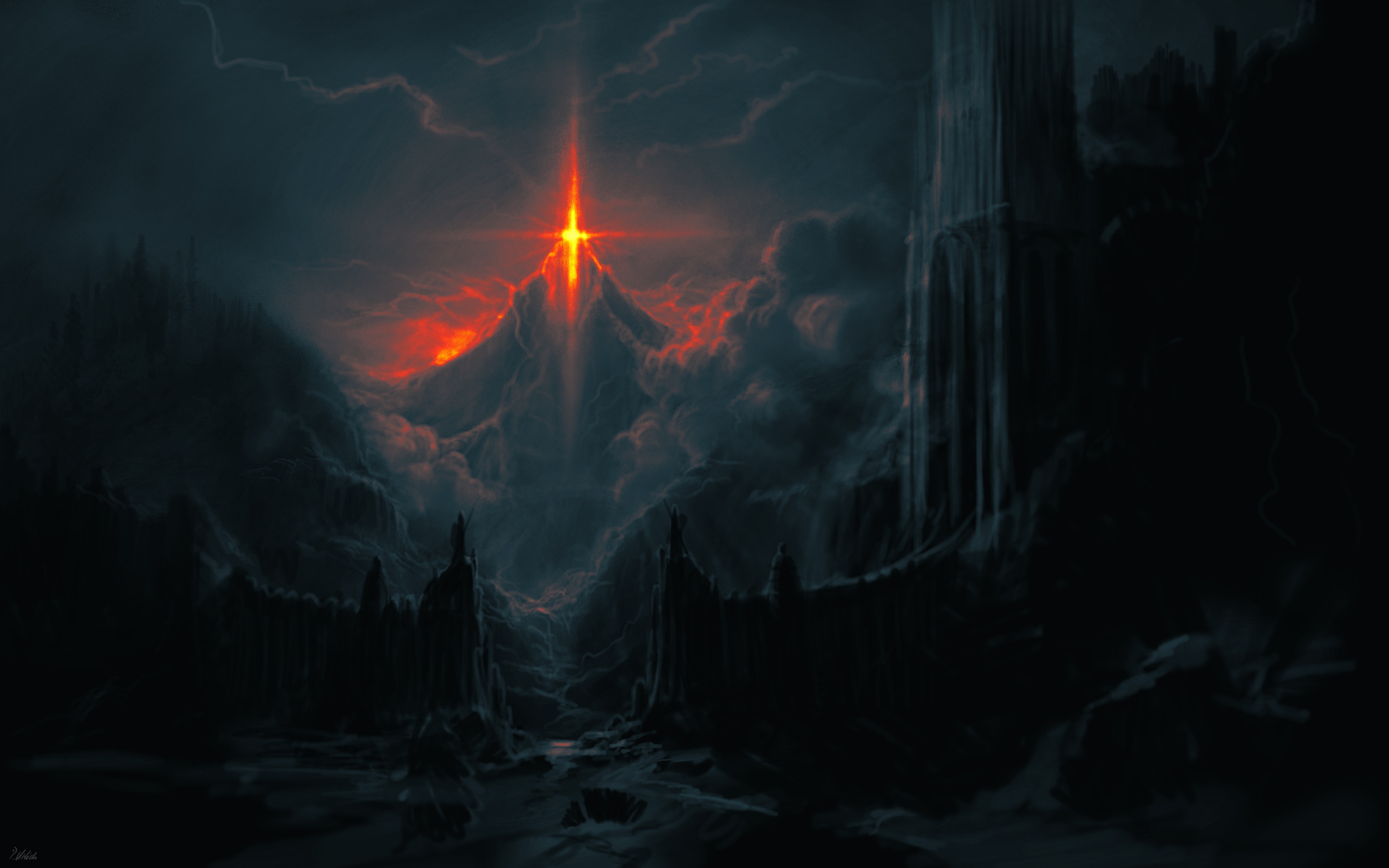 a dark, ominous landscape with a volcano erupting in the distance. the sky is dark and cloudy, and the ground is covered in rocks and debris. a river of lava flows down the side of the volcano, and the air is filled with smoke and ash. in the foreground, there are the ruins of a castle, and in the distance, a tall, foreboding structure reaches for the sky. the overall mood of the image is one of danger and despair.