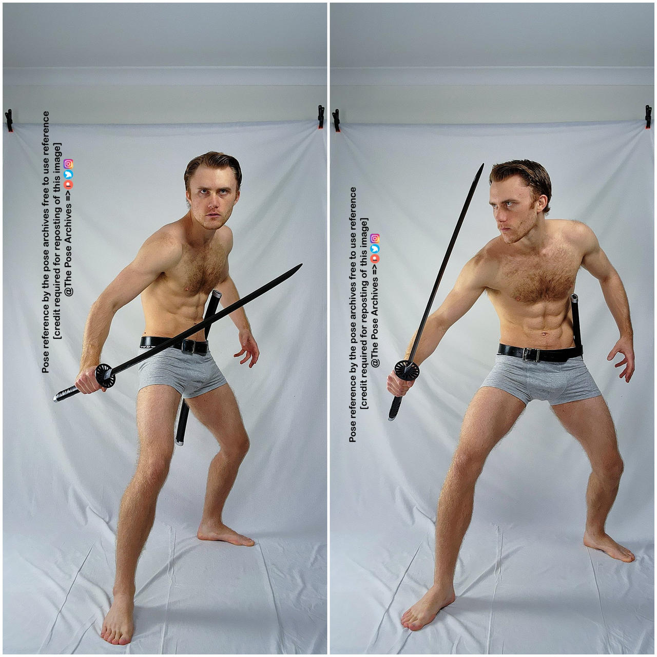 the image shows a muscular man in grey underwear, holding two swords in a fighting stance. he is posing against a white backdrop in a studio setting. the lighting is soft and diffused, creating minimal shadows. he is in two different poses, demonstrating action and movement.