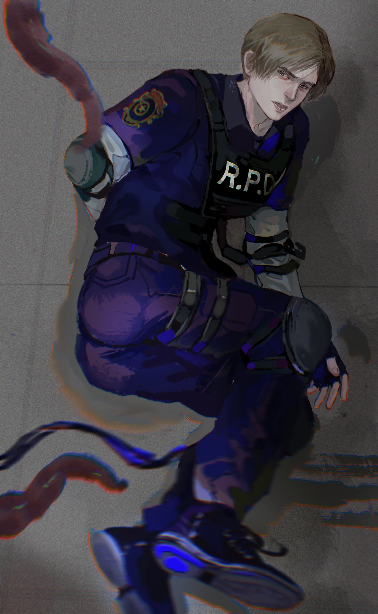 a digital painting of leon kennedy, the main character from the video game resident evil, rendered in a dark, atmospheric style. he wears his police uniform and appears to be  in action.