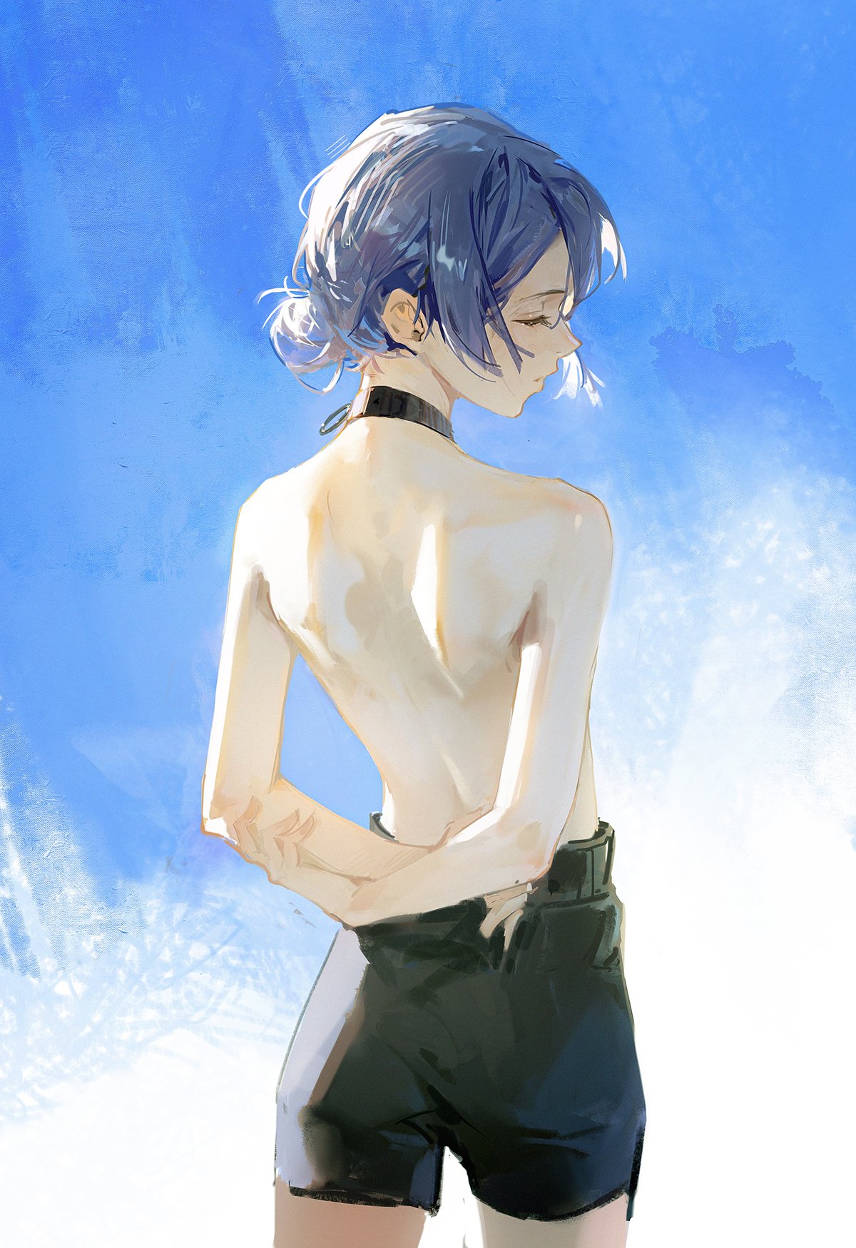 a digital painting of an anime girl with blue hair.  she is standing with her back to the viewer.  she is barechested and wearing black shorts and a black choker.  she is looking down at the ground.  the background is a blue sky with clouds.