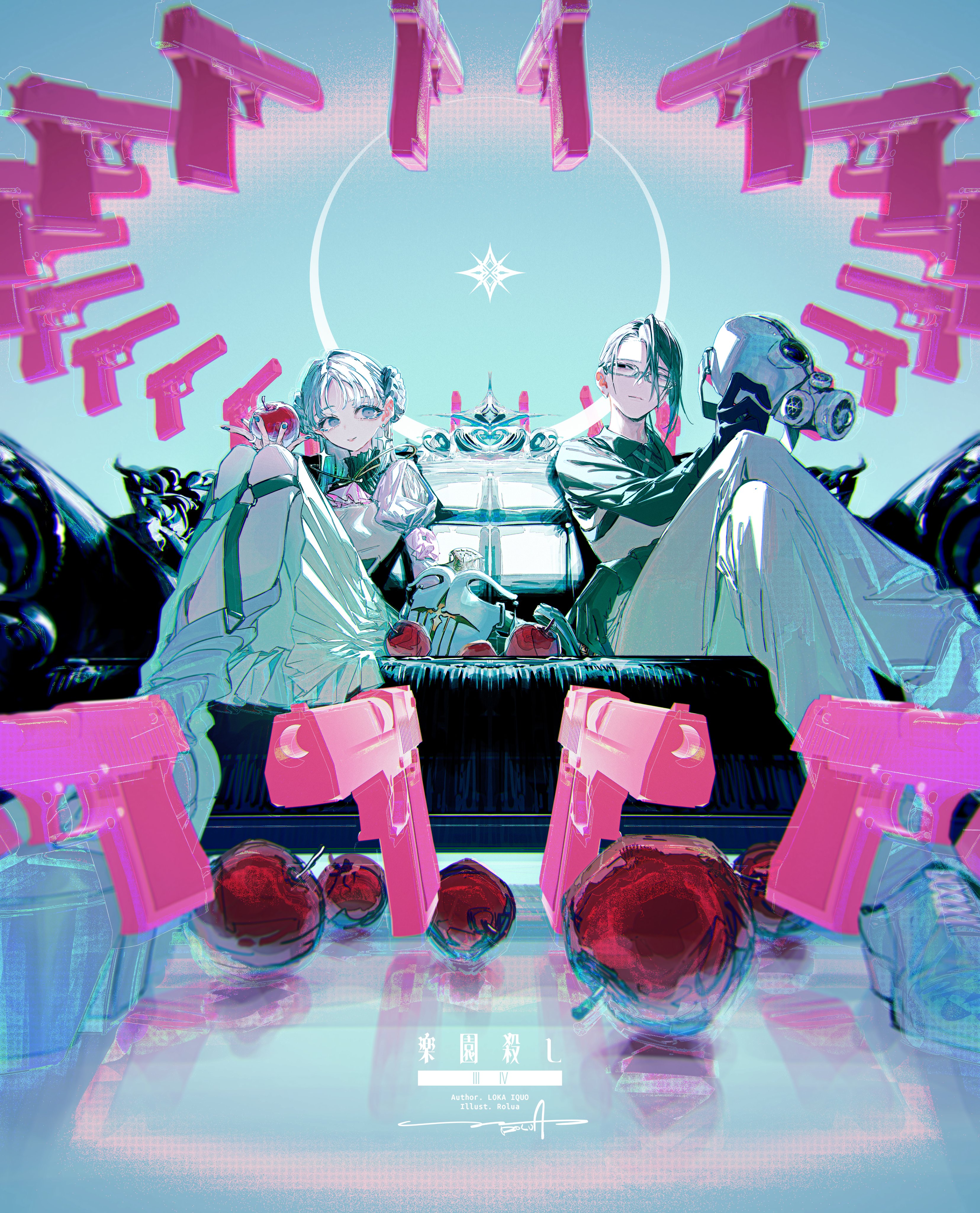 a digital illustration of an anime girl and boy in front of a black throne, with pink guns surrounding them. the girl is wearing a white dress with a green sash. she has short, white hair with a green bow on it. she is holding a red cherry in her right hand and a green cherry in her left hand. the boy has short, black hair and is wearing a black vest, black pants, and a black mask. he is holding a gun in his right hand. there are pink guns all around them, and there are red cherries in front of the throne. the background is a blue and green gradient with a crescent moon and a star at the top.