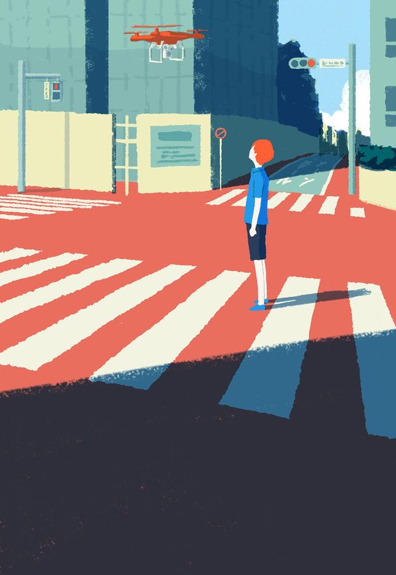 a colorful illustration of a city street with a red drone flying overhead, a person standing in a crosswalk, and buildings in the background.