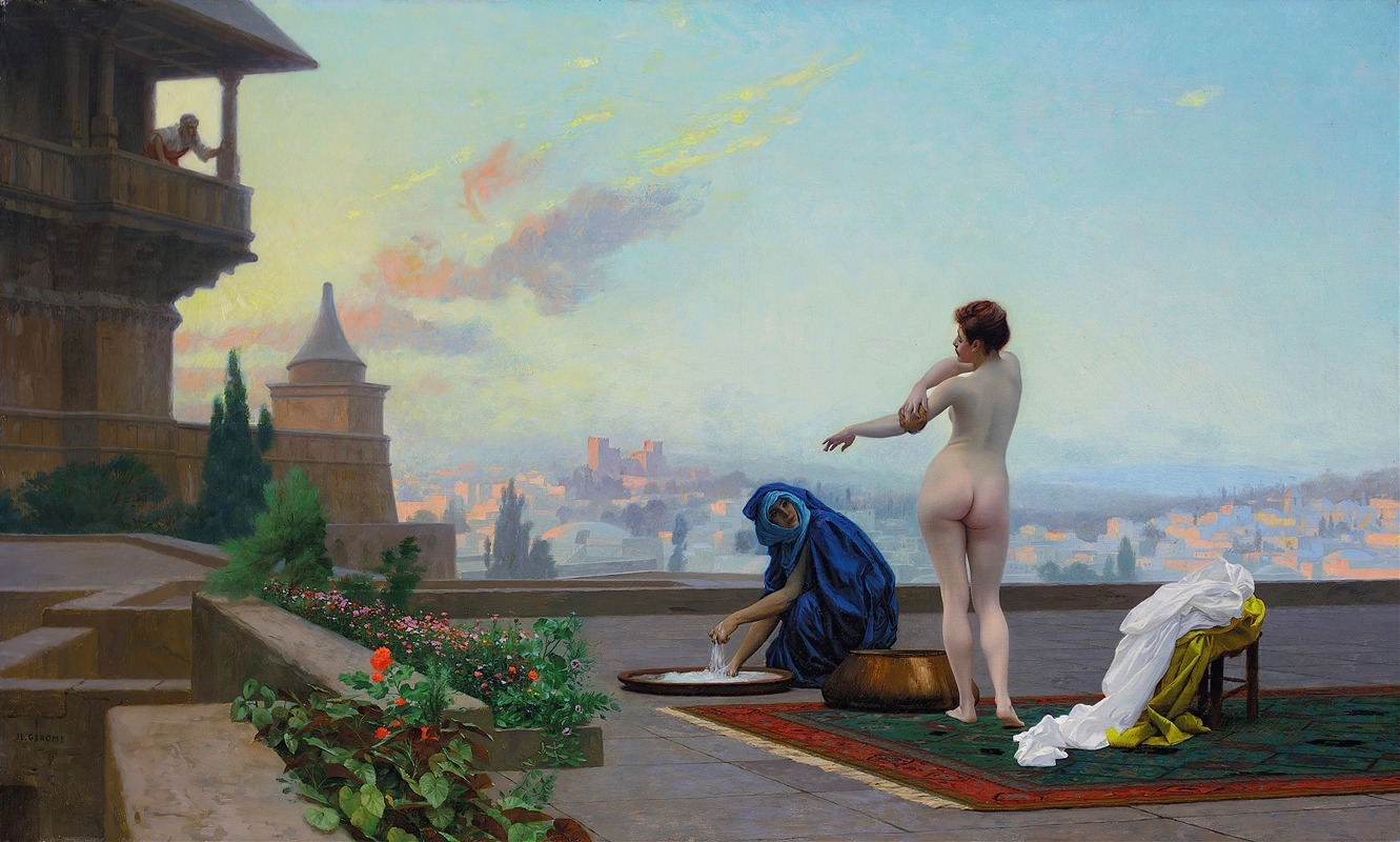 the painting depicts two women on a rooftop overlooking a cityscape. one woman is nude and stands with her back to the viewer, arms raised. the other woman is wearing a blue robe and is washing something in a basin. a man wearing a turban is looking at them from a balcony. there is a rug on the floor, and a chair with white and yellow fabric draped over it. in the background is a cityscape with various buildings and structures. the sky is pale blue with hints of pink and yellow. there are flowers and plants along the edge of the rooftop.