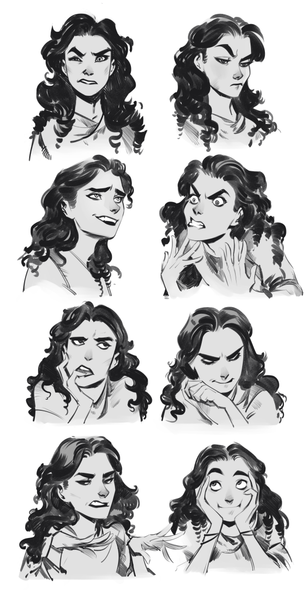 the image is a black and white sketch page of a woman with long, curly hair. there are nine drawings of her head and shoulders, each showing a different facial expression. some of the emotions displayed are anger, sadness, annoyance, and happiness.  this looks like a character design sheet for an artist's project.