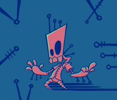 a cartoon robot character with a pink head and torso and blue limbs is illustrated against a blue background.  the robot has long, thin limbs and is posed dynamically with its arms outstretched. its head is rectangular and has two large, circular eyes and a small mouth. the background is a solid blue color with several white line drawings of stylized tuning forks.
