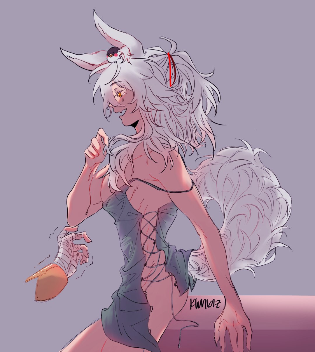 a whitehaired anime girl with bunny ears and a white furry tail is sitting on a pink surface. she is wearing a green dress with a laceup back. she is looking down at her hand, which is covered in bandages, and she has a yellow bird on her head. the background is a pale purple. this digital illustration is a cute and charming drawing of a character.