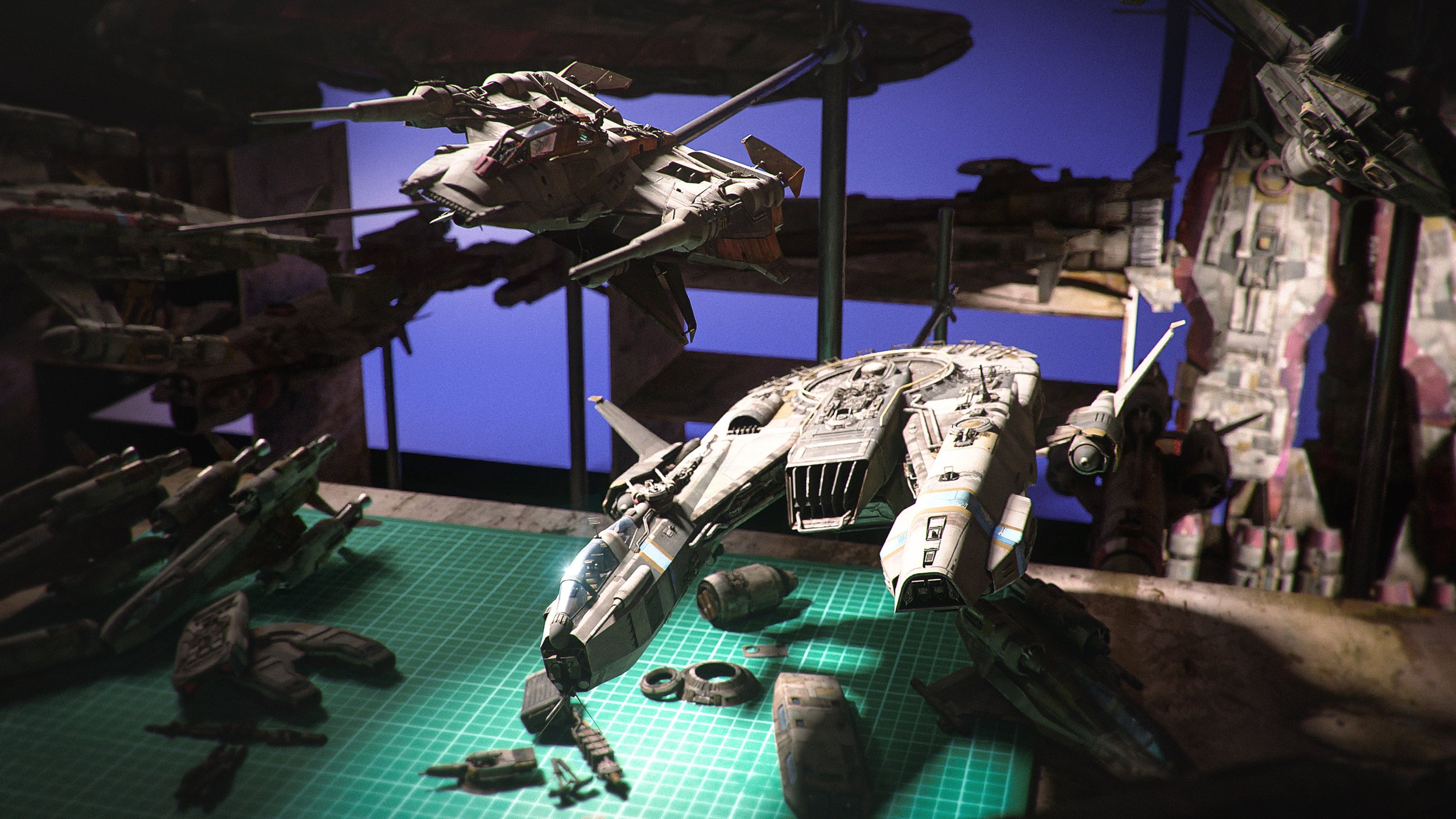 closeup shot reveals a meticulously detailed workspace where several model spaceships are undergoing construction. the scene is dimly lit, casting shadows that enhance the dramatic effect. the central focus is on a large, intricately designed model spaceship, possibly a starship, resting on a green cutting mat, surrounded by smaller spaceship models in various states of completion. these models range from fighters and bombers to larger capital ships.  various spare parts, tools, and other crafting materials are scattered on the cutting mat around the central spaceship model, indicating the ongoing construction process. the backdrop features more spaceship models, still on display stands or awaiting assembly, adding to the feeling of a dedicated hobbyist's workspace. the overall atmosphere is one of focused creativity and dedication to the craft of model making.