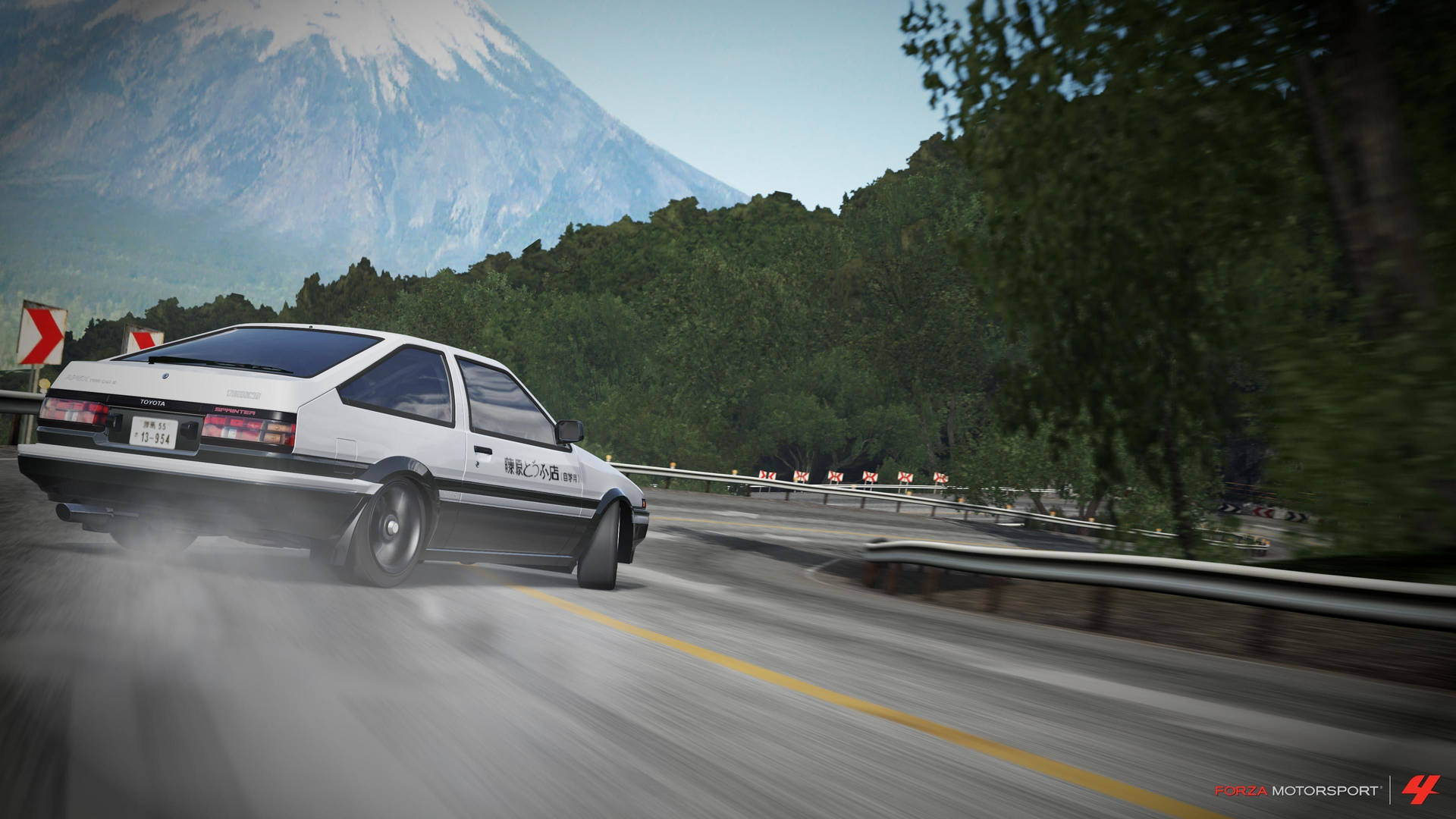 a white toyota ae86 sprinter trueno, resembling the one from the anime initial d, is shown drifting around a corner on a mountain road with mount fuji in the background. smoke from the tires creates a cloud behind the car. the scene is set during daylight with lush greenery lining the road.