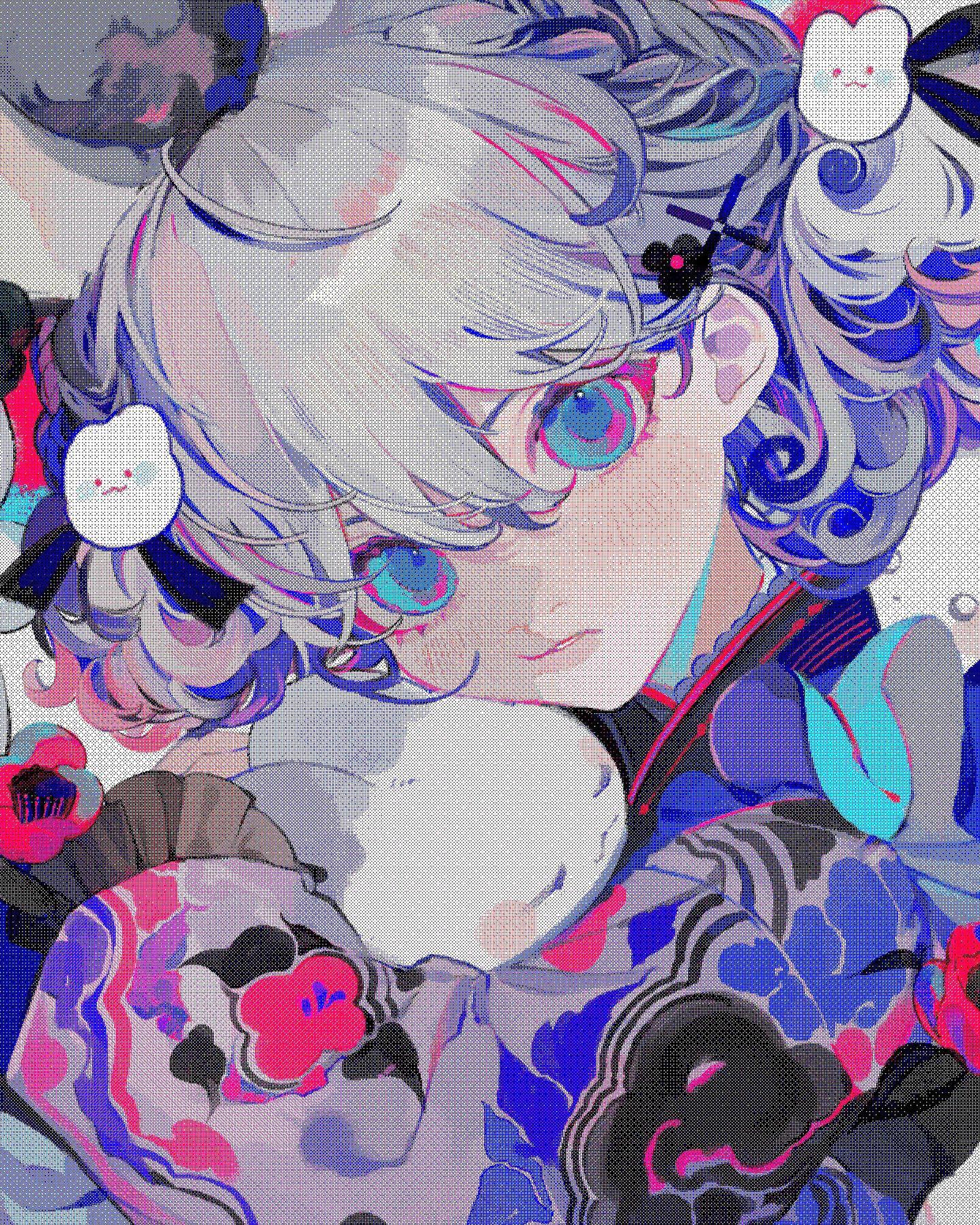 the image is a digital illustration of an animestyle girl. she has long, stylized, white hair styled in buns with small, decorative elements.  she's wearing a vibrant kimonolike garment with blue, purple, and pink floral patterns. the art style is highly stylized, using a mix of sharp lines and soft shading, giving a slightly pixelated or textured effect.  the color palette is bold and contrasting, and incorporates elements such as small, cute bunnylike designs in the girl's hair. the overall mood is dreamy and aesthetically pleasing, with a focus on the character's expressive features and clothing details.