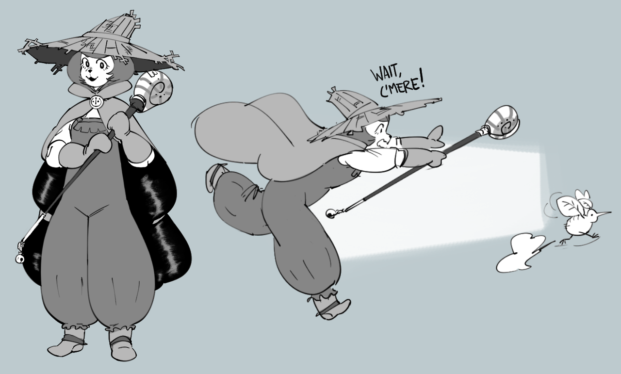 this is a black and white cartoon illustration with two female characters in it. the female on the left is standing and holding a stick with a round object on top.  the other female character is running holding a stick with a round object on top and is chasing a bird that's flying away. both characters are wearing large hats and robes.  the background is a simple grey color.