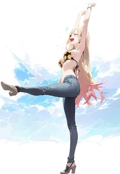 an anime woman with long blonde hair is smiling and posing in the air. she is wearing a bikini top and blue jeans. the background is filled with blue and white clouds.