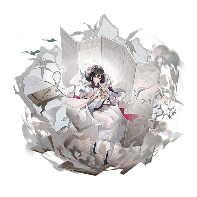 the image features a young woman with dark hair and pale skin sitting gracefully in front of a decorative folding screen. she wears an ornate white and red kimonolike garment, adorned with flowers in her hair. a soft, ethereal glow surrounds her, and translucent patterns of flowers and swirling lines add to the dreamy atmosphere. the scene suggests a traditional japanese setting, with elements of fantasy and the supernatural.