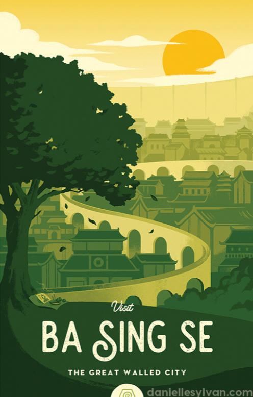 this is a vintage travel poster for the fictional city ba sing se from the avatar the last airbender series. the poster features a landscape view of the city with its iconic wall and curving bridge. the text on the poster reads "visit ba sing se" and "the great walled city." a large tree is on the left.