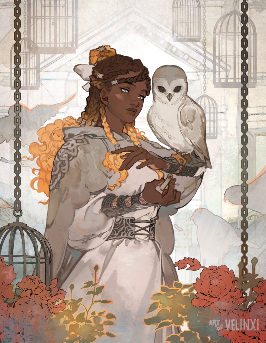 a fantasy art illustration featuring a woman with dark skin and brown hair styled in braids, standing with an owl perched on her arm. she wears a white dress with ornate detailing and is surrounded by bird cages and red flowers. the artwork has a muted color palette and a whimsical atmosphere.