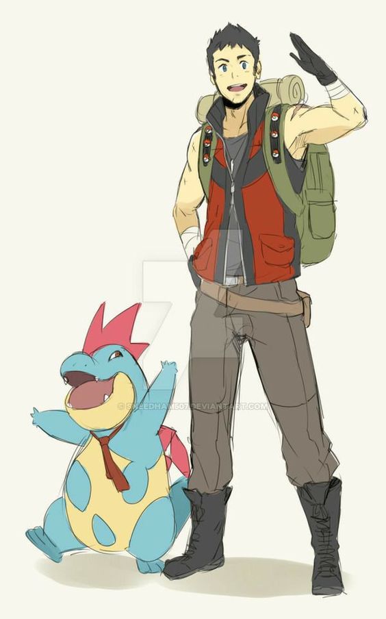 a young man with short dark hair and brown eyes dressed as a pokemon trainer with bandages on his arms and a mudkip pokemon.  the background is white.