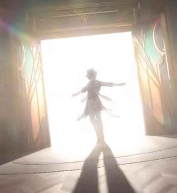 a silhouette of a person stands in a doorway bathed in a bright, ethereal light. the person's arms are outstretched, as if reaching for something beyond the doorway. the light casts a long shadow behind the figure, creating a sense of mystery and wonder. the overall image is ethereal and mystical, suggesting a passage to another world or dimension.