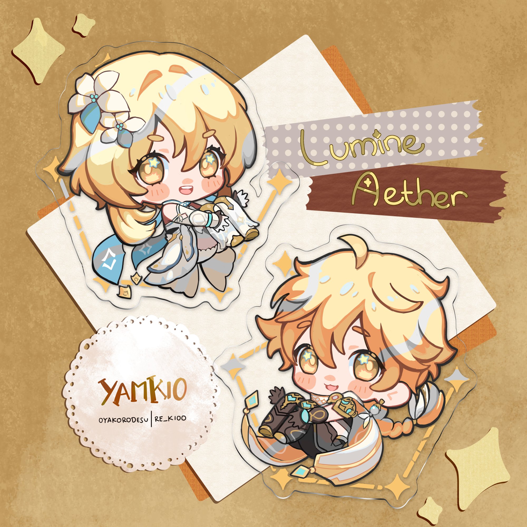 the image contains two acrylic charms. the first charm features a chibi version of lumine from the game genshin impact. she is wearing her signature blue and white dress. the second charm features a chibi version of aether from the game genshin impact. he is wearing his signature black and gold outfit. both charms are surrounded by gold stars and are on a brown background. the bottom of the image contains a small white circle with the words "yamkio" and "oyakorodesu | re_k100". the background is a light brown color. the top of the image has the words "lumine" and "aether" written in a gold font.