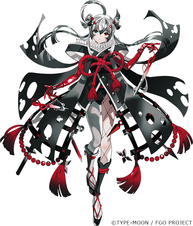 a drawing of a young female anime character. she has long black hair and is wearing a black and red kimono and red leather gloves. she is holding a sword in her left hand and is wearing a belt with a lot of throwing knives on it. she is in a fighting stance. she is standing on a black background.
