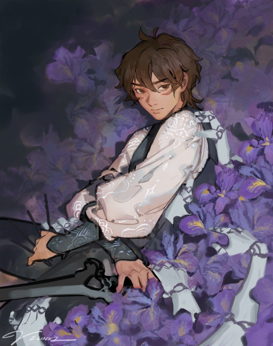 an illustration features a young man with short brown hair, resting among a bed of irises. he wears a white blouse with a decorative pattern and dark accents, and a scar is visible on his face. the image is rendered in an animeinspired style.
