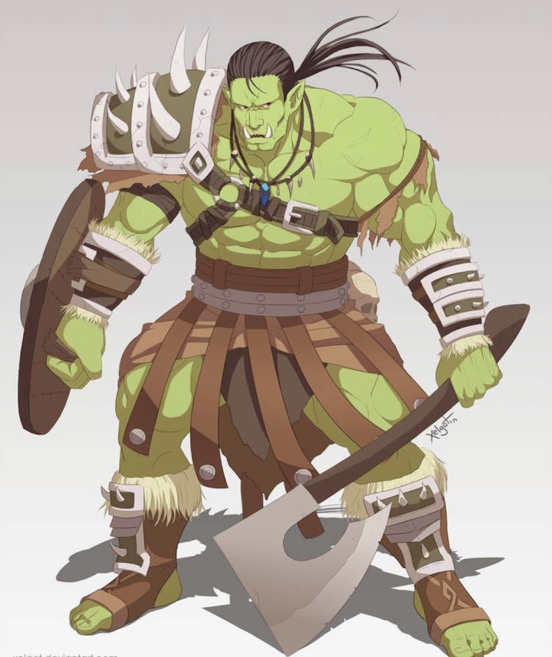 this is a digital illustration of a male orc warrior in a fantasy setting.  he is wearing a brown leather and metal armor with a fur trim and is holding a large axe and a round shield. he is standing on a gray background. the orc has a green skin, a black beard, yellow eyes, and tusks. he is looking fierce and ready for battle.