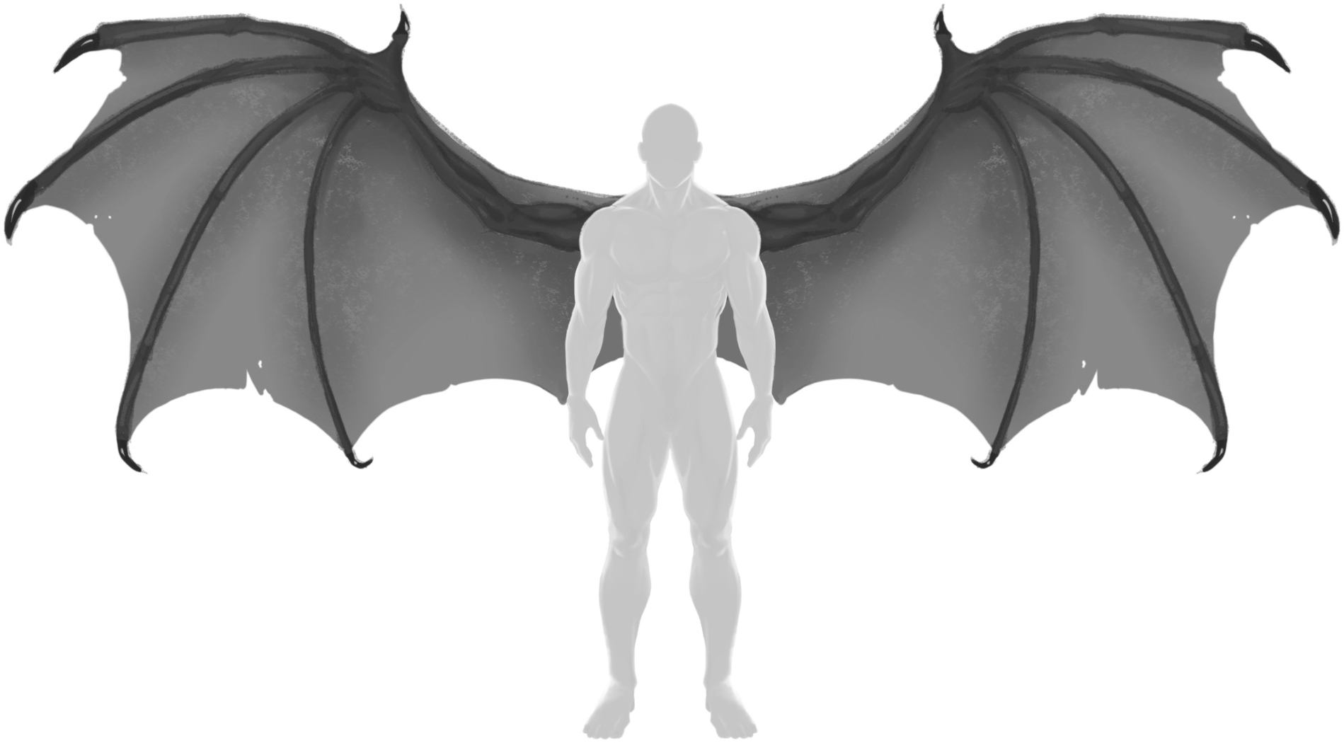 a grayscale 3d rendering depicts a muscular male figure from the waist up.  attached to his back are large, dark grey, leathery wings, similar in style to those of a bat or demon.  the wings are detailed with multiple membranes and sharp points at the wingtips. the figure is a simple, somewhat stylized representation of a human male form.  the background is pure white.
