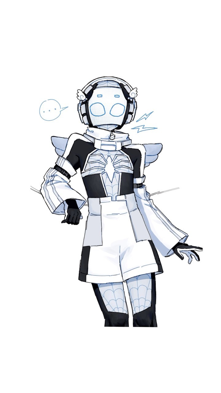 he image is an illustration of an animestyle girl who appears to be a robot or cyborg. she has a white and black outfit with a spider design on her chest.  she is wearing headphones with small wings attached, and her legs have a spiderweblike pattern. the style is clean and somewhat minimalist, with a focus on lines and shading.  she has a blank, almost robotic expression.  a small thought bubble is above her head suggesting she's thinking or communicating nonverbally. the overall aesthetic is a blend of cute and futuristic.