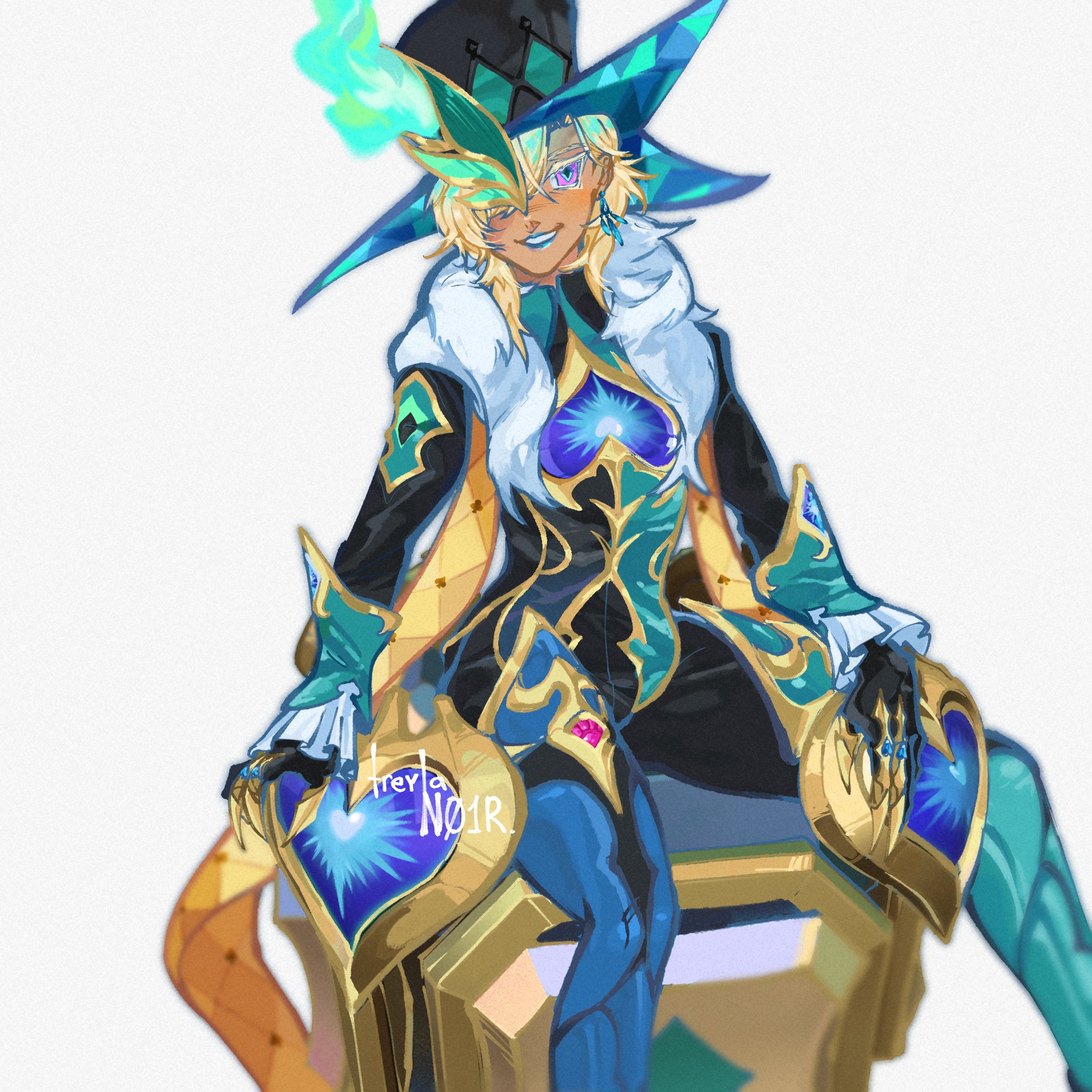a digital illustration of an anime character with a whimsical appearance sitting on a thronelike platform. he is dressed in a flamboyant costume of dark blues, greens, and golds. his hat is adorned with a jeweled pattern and an elaborate plume. his expression is confident and he appears to be looking directly at the viewer.