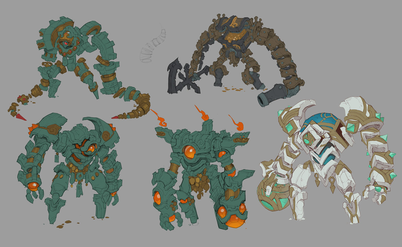 he image contains concept art for a video game, showcasing various designs for a golemlike character.  there are six different versions, each with subtle changes in design, color palette, and weaponry.  the style is a blend of fantasy and scifi, suggesting a stone or mechanical creature.  the sketches are in color with varying levels of detail, some showing more refined designs than others. the background is a neutral grey, emphasizing the character designs. the overall style is rough and slightly unfinished, typical of early concept art.