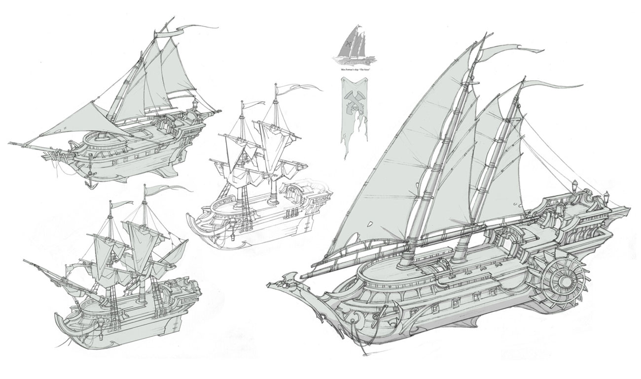 the image depicts a collection of sketches for a fantasy ship design.  the ship features a mix of traditional sailing ship elements with steampunkinspired technology, like gears and cogs, for propulsion. the ship is depicted from various angles and in different states of detail. the drawing is done in black and white, utilizing line art to capture the design.