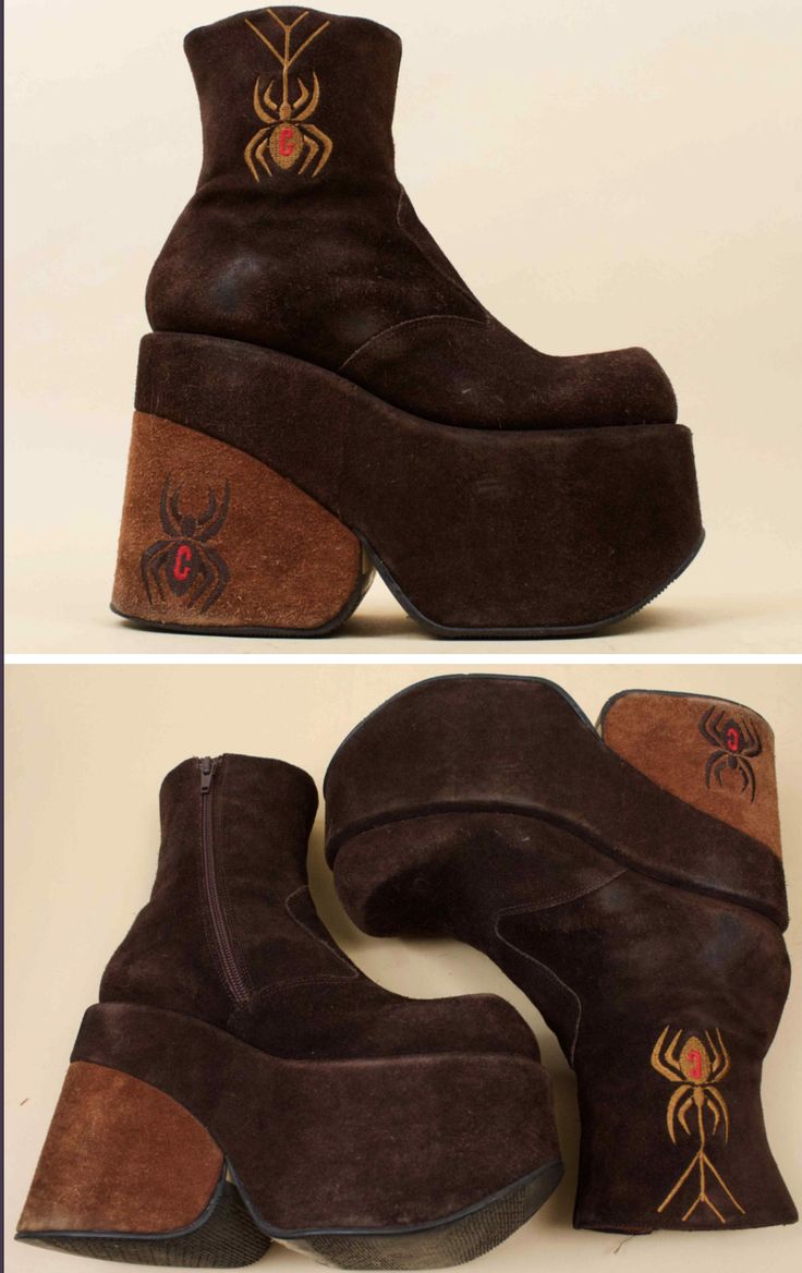he image shows a pair of vintage brown suede platform boots with spider embroidery on the side. the boots are high and chunky, with a thick platform sole. the image includes two shots. the first shot showcases a pair of boots, one is positioned upright, while the other is slightly tilted. the second shot shows a different pair of the same style of boots, this time both boots are placed on the ground.  the embroidery is detailed and features a spider with a small red dot. the boots have a zipper on the inner side. the overall style suggests they belong to alternative or goth fashion subculture.