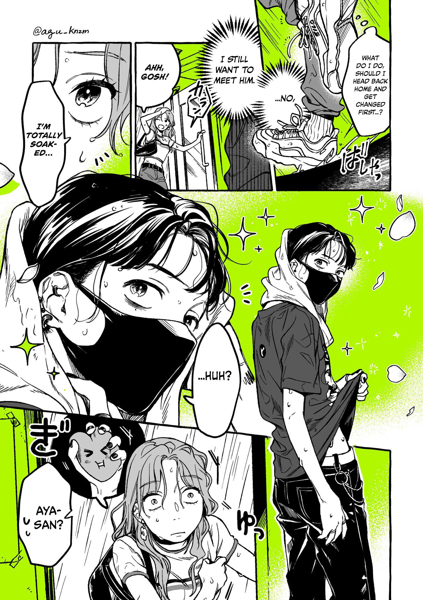 he image is a mangastyle comic strip depicting a series of scenes. the first scene shows a girl who is completely soaked in the rain, expressing surprise and worry.  the next scene involves a boy who is also possibly caught in the rain and is considering whether to go home to change before meeting someone.  other panels show a girl seemingly waiting anxiously and another girl who looks worried. the overall style is black and white with a bright green background highlighting the speech bubbles and certain areas of the panels. the characters have distinct styles reflecting current trends in casual clothing.  the narrative focuses on a possibly romantic encounter, with internal conflicts among the characters.