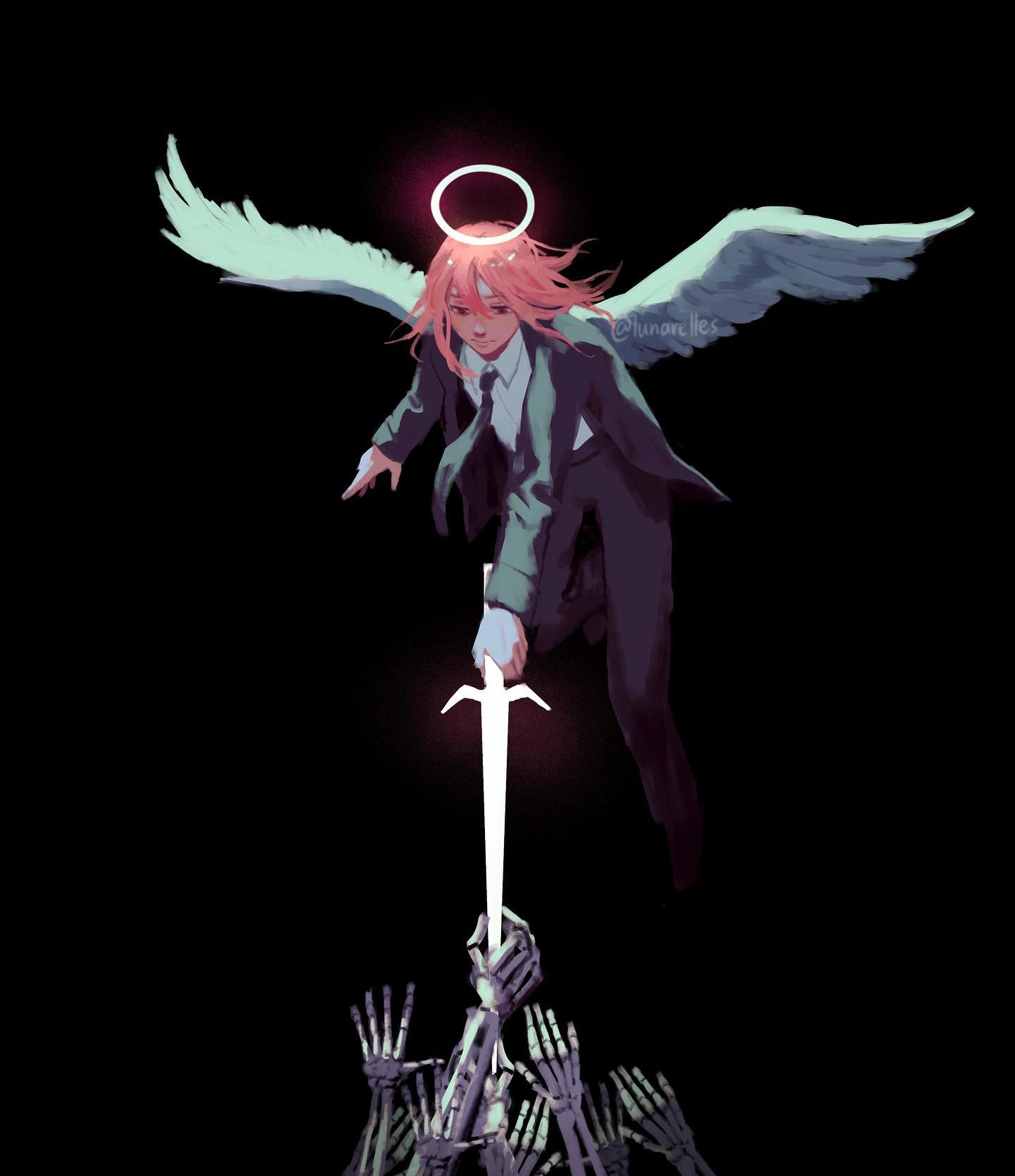 the image depicts a female angel with pink hair and a halo, dressed in a dark suit. she has large, pale wings and is descending, holding a glowing white sword that reaches down towards a multitude of skeletal hands reaching up from below. the background is entirely black, creating a stark contrast and enhancing the dramatic effect.  the overall mood is somber and ethereal, suggesting themes of death, sacrifice, and perhaps a struggle for power or salvation. the style is reminiscent of digital fantasy art with elements of anime influence.