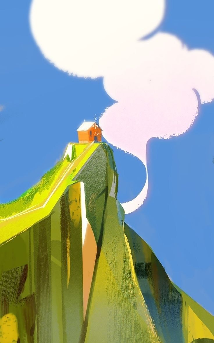 a whimsical illustration of a little house perched atop a steep hill.  a winding road leads up to the house. the use of bright colors and exaggerated perspective creates a playful and surreal atmosphere. the style is cartoonish, reminiscent of children's book illustrations.