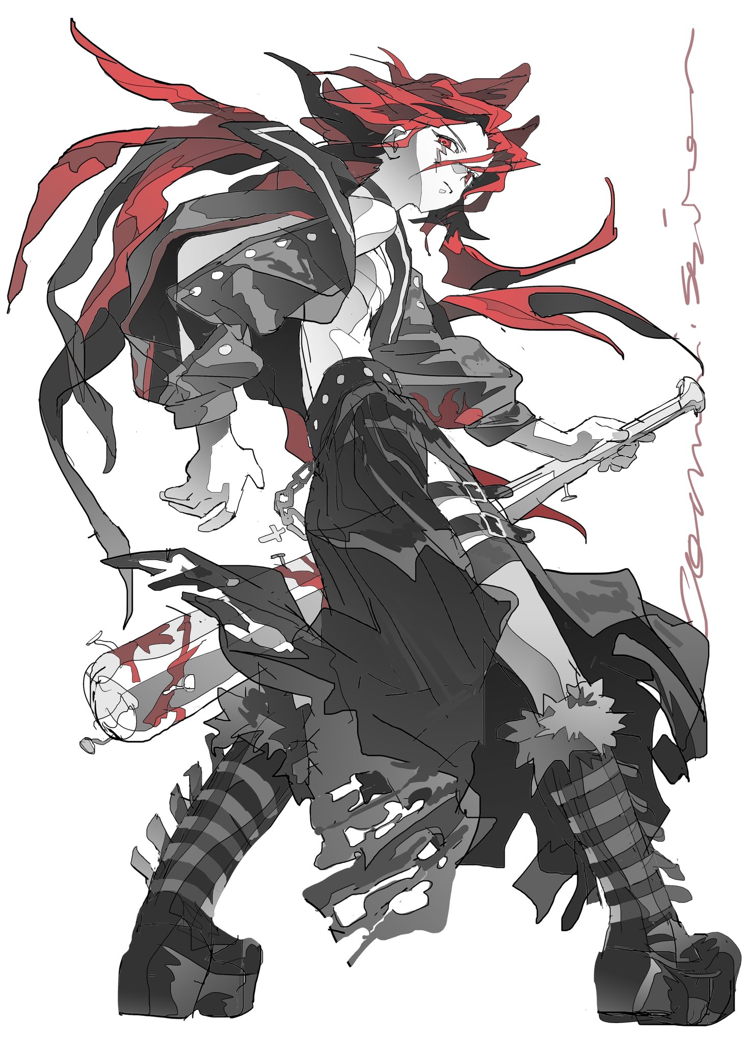 this is a black and white illustration of an anime character with red hair. the character is wearing black and white clothes and holding a baseball bat. they have a confident and cool pose. the image is drawn in a style that is both detailed and dynamic.