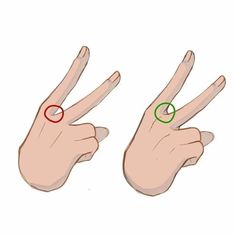 the image shows two illustrations of hands making the same "peace" sign gesture. the left hand has a red circle highlighting the webbing between the index and middle fingers, while the right hand has a green circle highlighting the same area.  this is a common way to illustrate the difference in hand structure or flexibility between individuals.