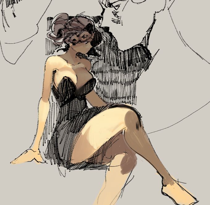 he image is a digital painting or illustration of a woman sitting.  she is depicted from the knees up and is wearing a short, black, strapless dress. her face is partially obscured by what appears to be a dark mask or blindfold.  the style is loose and expressive, employing a combination of gestural lines and painted areas of color. the background is a muted grayishbeige, and there are sketchy outlines suggesting a secondary figure behind the woman.  the overall feel is somewhat mysterious and elegant.