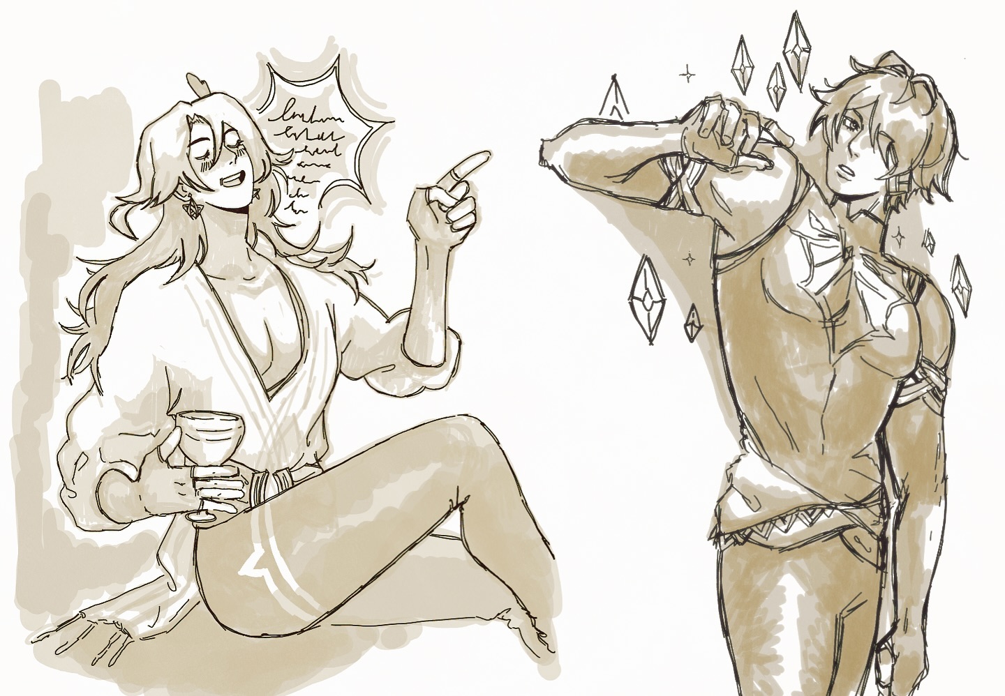 he image contains two separate sketches of animestyle characters. the first is a female character with long flowing hair, wearing a loosefitting top and bottoms. she is holding a wine glass and appears to be happily commenting on something off to the side. she is drawn in a loose and expressive style. the second sketch is of a male character with shorter hair, wearing a more fitted top and pants with additional detailing.  he is depicted in a confident pose with a more polished style of sketching that incorporates small crystallike details.  both sketches are rendered in sepia tones, giving the overall image a soft and warm feel. they appear to be fan art, possibly inspired by a specific game or series, but the exact origin is not identifiable.