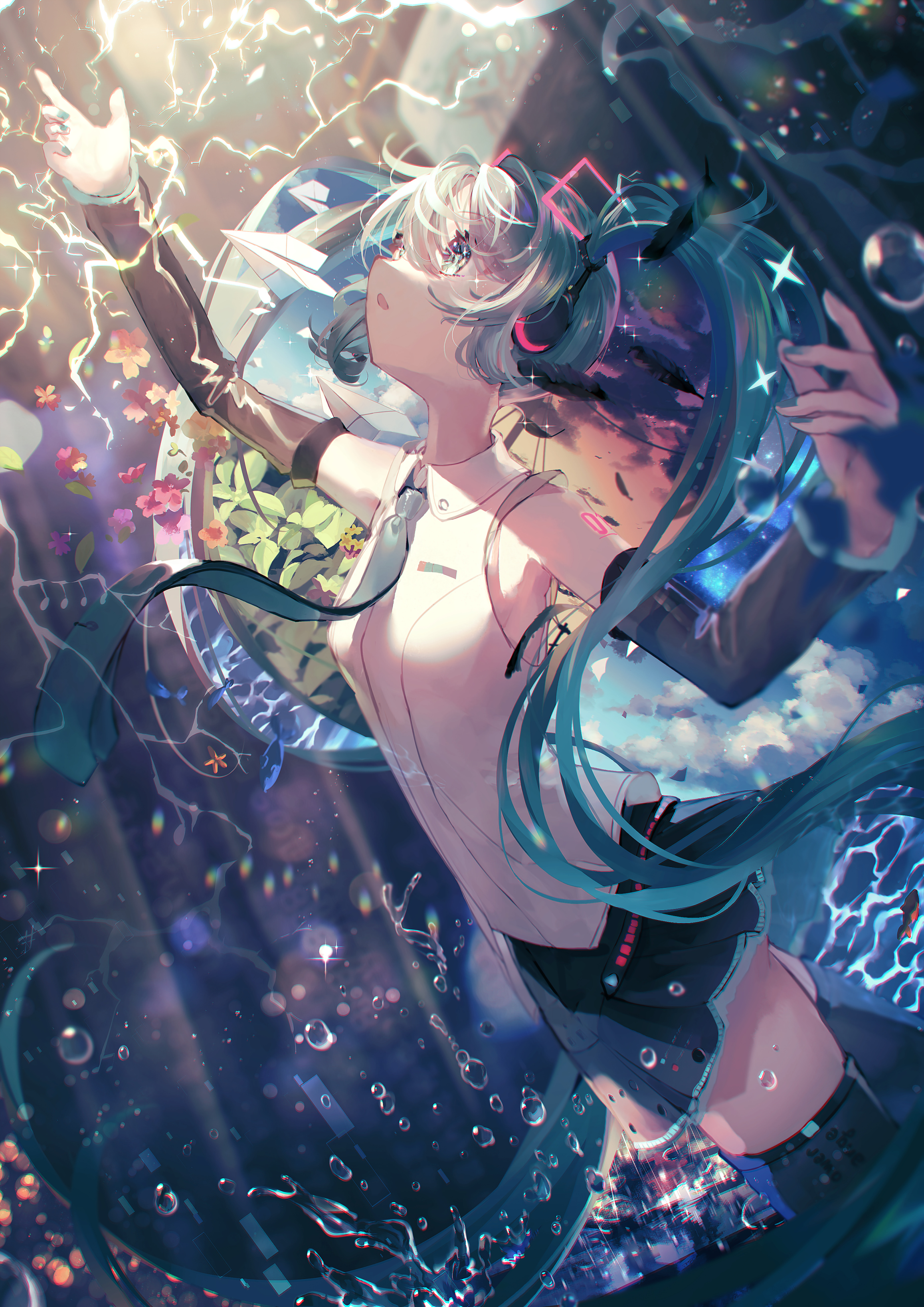 the image is a vibrant piece of digital fanart depicting hatsune miku, a popular virtual singer. she is depicted with her signature long, teal hair and headphones. miku is floating in a scene filled with water, bubbles, and glowing streaks of electricity.  she's wearing a white, shortsleeved top and black shorts. flowers and sparkles are scattered around her, contributing to an ethereal and magical atmosphere. the background hints at an underwater cityscape, adding depth and context to the fantastical scene. miku's pose is dynamic, her arms outstretched as if she is embracing or interacting with the magical elements around her.  the overall style is vibrant and detailed, utilizing a range of bright colors and a highly stylized rendering.