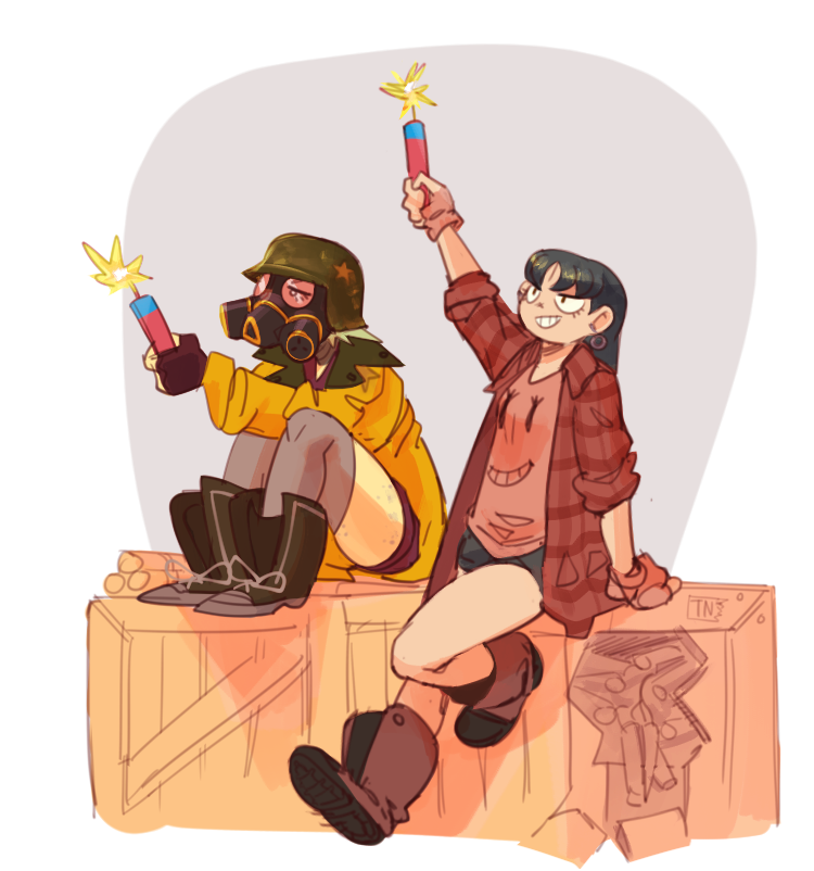 two women in a cartoon art style are smiling at each other and holding firecrackers. one woman is wearing a yellow jacket with a gas mask and sitting on a wooden crate. the other woman is standing and wearing a plaid shirt with a pink shirt underneath. they are both smiling and excited.