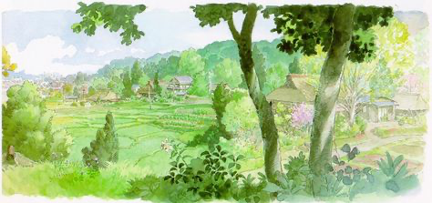a watercolor painting of a forest with houses and a path. the forest is green and lush, with lots of trees and leaves. the houses are made of wood and are surrounded by grass and flowers. the sky is blue with white clouds. the sun is shining and the light is warm. this is a scene from a japanese anime movie. it is a very beautiful and peaceful setting.