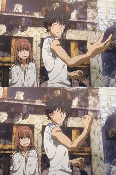 a twopanel image of a young man and a young woman standing in front of a dilapidated building. the man, with spiky black hair and a serious expression, is positioned in a dynamic pose, his arm outstretched in the top panel and clenched in a fist in the bottom. he wears a white sleeveless top and lightcolored pants. beside him, the young woman, with long brown hair, also appears serious, her arms drawn inward in both panels. she wears a similar white top and long pants. the background features the crumbling facade of a building, suggesting a destroyed or abandoned setting. the sunlight filtering through the damaged structure casts shadows, highlighting the characters against the muted backdrop.