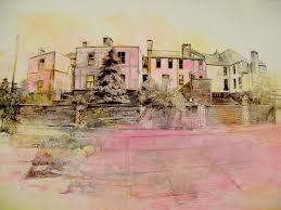 the image is a watercolor painting of a row of houses. the houses are all brick and have pink and red tones. there are windows and doors visible on the houses. the houses are behind a fence and there is a yard or garden in front of them. there are trees and foliage in the yard. the sky is a light blue with clouds and there is sunlight shining on the scene.