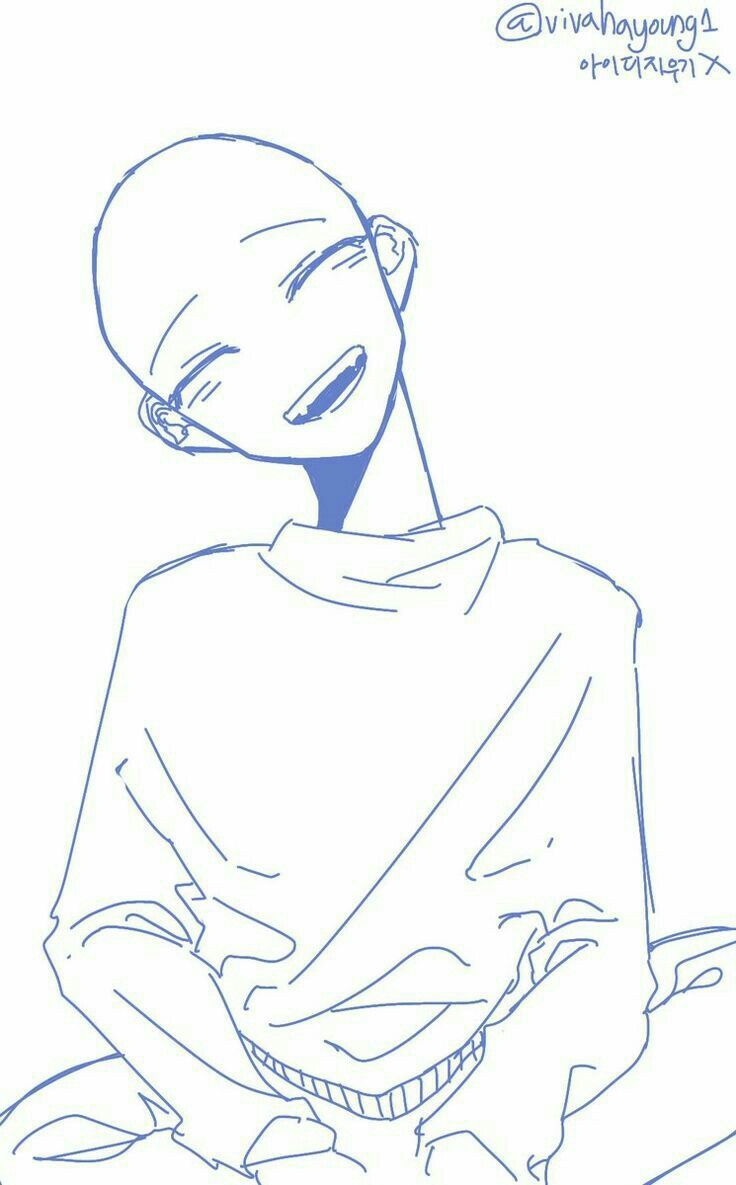 a line art drawing of a anime character with a simple design.  the character is drawn in a sitting pose and is smiling. they are wearing a sweater and have long hair. the drawing is simple and the lines are thin and precise. the character has a friendly and cheerful expression.