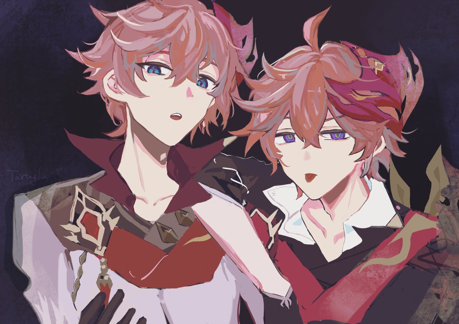 an illustration of two anime boys with red hair and purple eyes. the boy on the left is wearing a white shirt with a red jacket, and the boy on the right is wearing a black shirt with a red jacket.  they both have serious expressions on their faces.  the illustration is done in a digital art style.