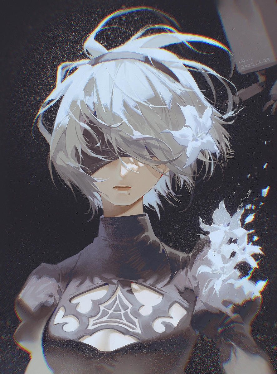 a digital illustration of an anime girl with white hair wearing a black dress with white flowers on her shoulder. she is looking at the viewer with a blindfold over her eyes. the background is dark, giving the image a mysterious feel.